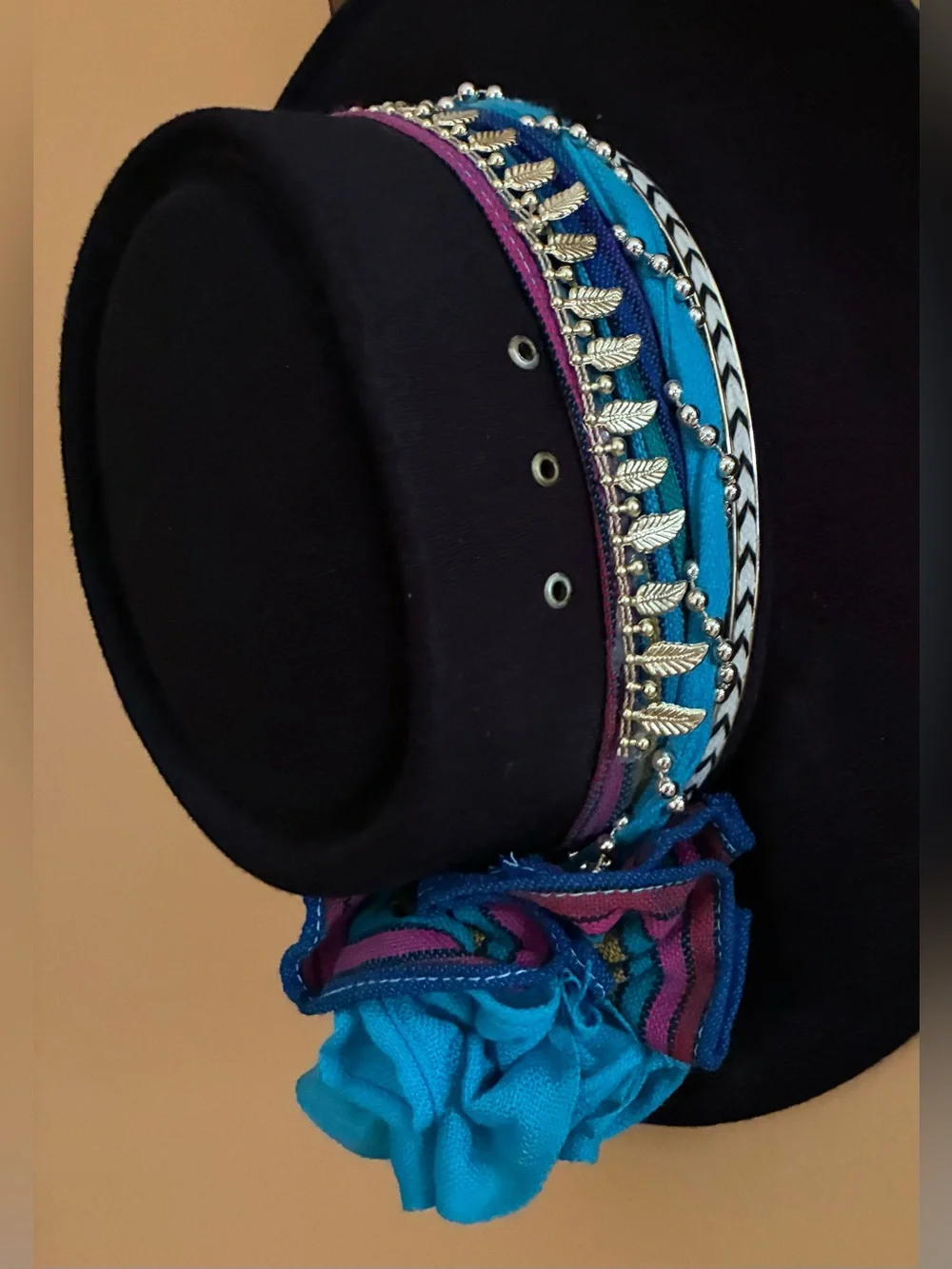 Ramirez Black Cowboy Hat w/ Colorful Bow/Ribbon & Accents, Sz. 6 7/8
